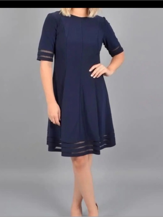 Eliza J Dresses & Skirts - Eliza J Navy Midi A-Line Dress with Sheer Stripe Accents